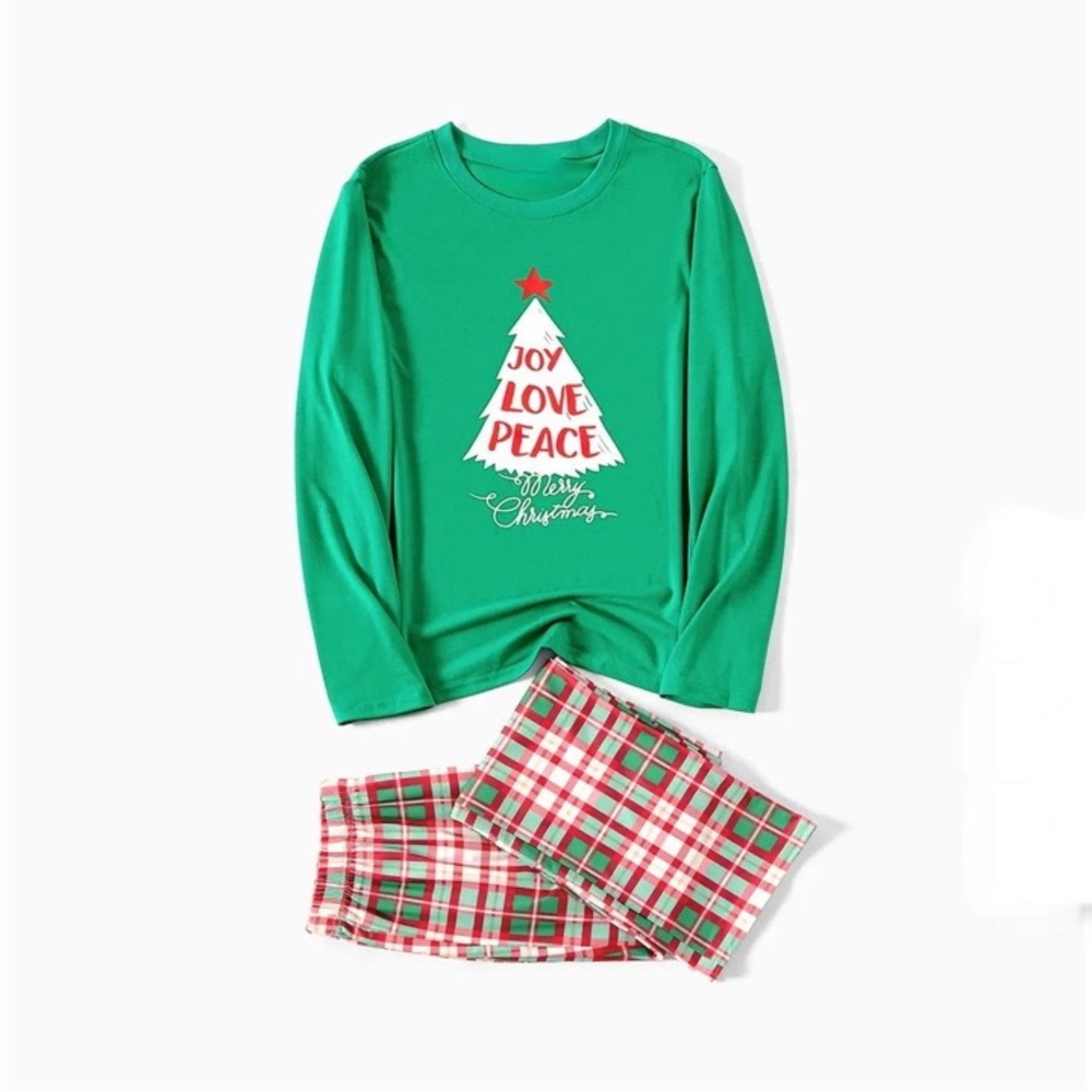 Patpat Men Christmas Tree Joy Peace Top and Red Green Plaid Pajama Set